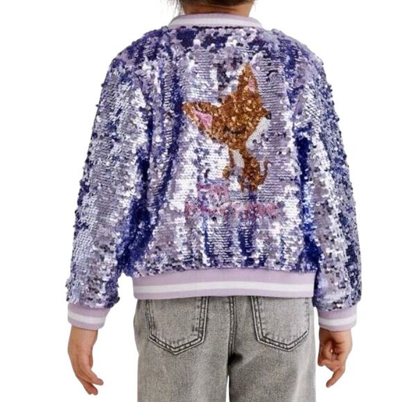 H&M Girls Purple Playful Flip Sequin Bomber Jacket Whimsical Cat Design Sz10-12 - Picture 7 of 16